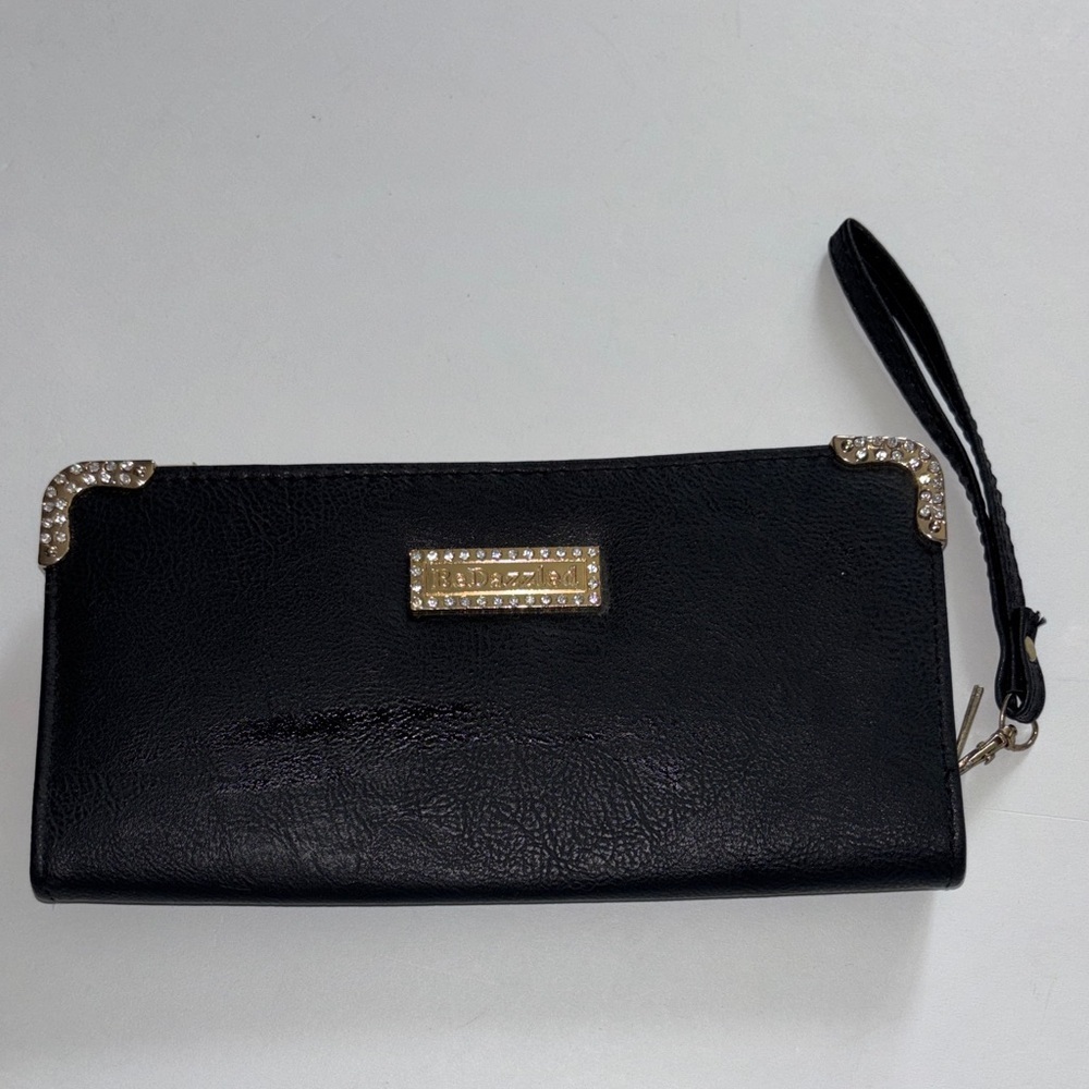 BEDAZZLED BRAND BLACK VEGAN LEATHER WALLET/WRISTLET GOLD ACCENTS AND RHINESTONES